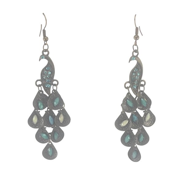 Antique-Style Bronze Peacock Dangle Earrings With Green Gem Accents 2.5" - Picture 2 of 6